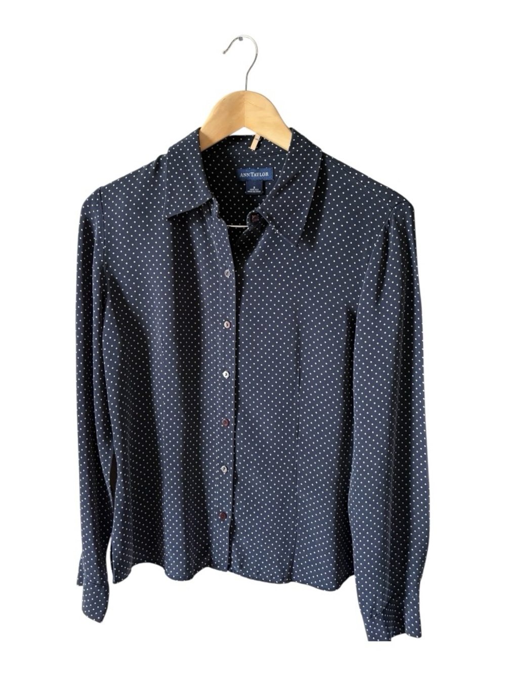 Vintage Ann Taylor Silk Button Down Shirt Navy White Polka Dot Size 8